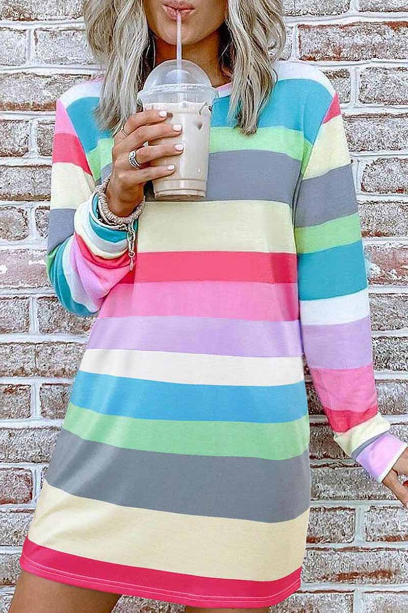 lovwvol Rainbow Long Sleeve Stripes Mini Dresses