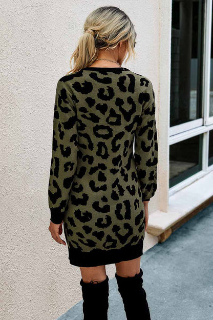 lovwvol Leopard Print Oneck Mini Dress