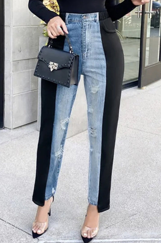 lovwvol  - Blue Black Casual Patchwork Ripped Contrast High Waist Skinny Denim Jeans