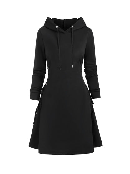 Plus Size Gothic Hooded Sweatshirt Dress - Lace-Up Side Drawstring, Elegant & Comfy, Machine Washable