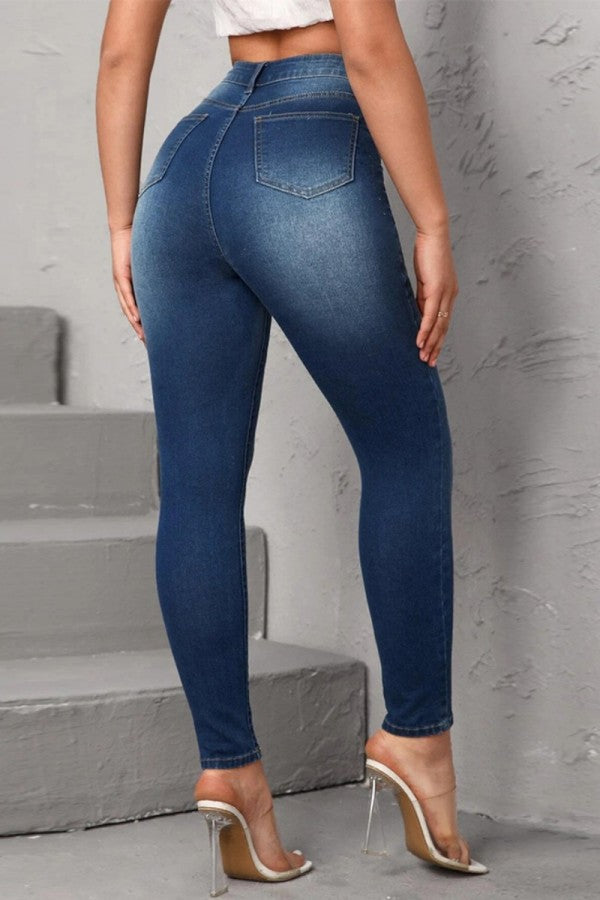 lovwvol  - Deep Blue Casual Solid Patchwork High Waist Skinny Denim Jeans