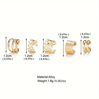 Chic 5-Piece Ear Cuff Set - Elegant Leaf & Circle Clips, No Piercing Women's Fashion, Versatile for Any Occasion