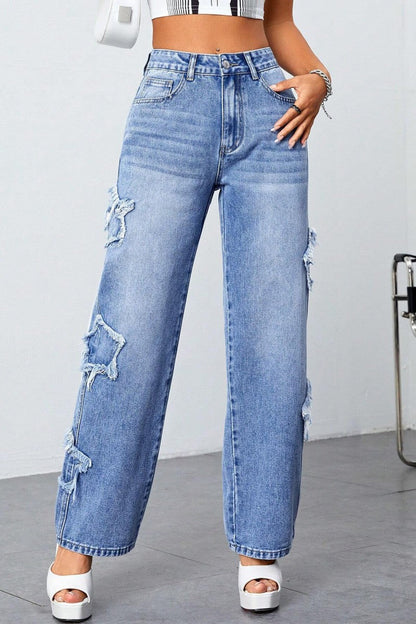 lovwvol  - Blue Casual Solid Patchwork High Waist Straight Denim Jeans