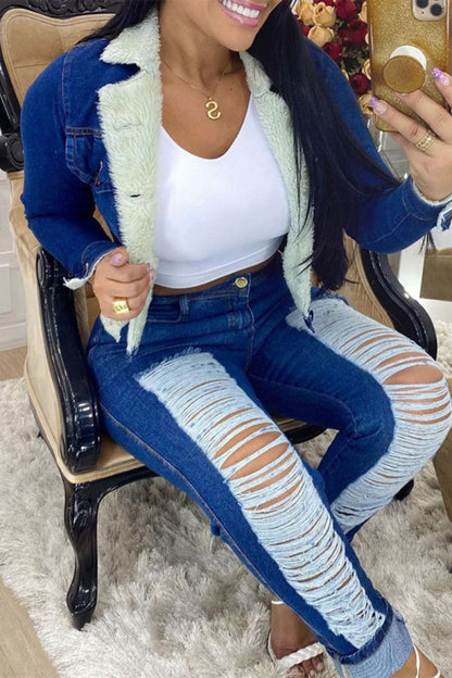 lovwvol  - Blue Fashion Casual Solid Ripped High Waist Skinny Denim Jeans