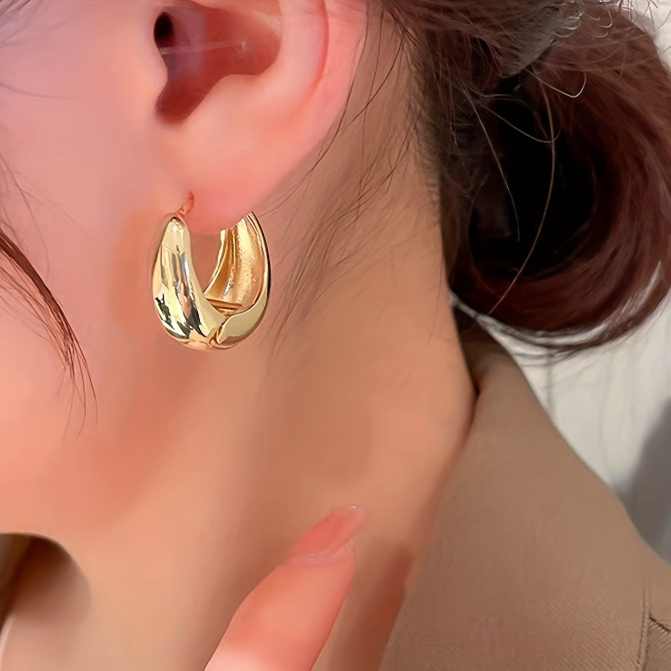 Vintage Copper Geometric Hoop Earrings - Chunky Shaped, Elegant Style, Glossy Finish, Female Ear Buckles with Unique Design, Perfect for Everyday Wear and Special Occasions