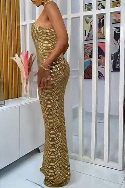 Rhinestone Party Back Split See-Through Maxi Dress