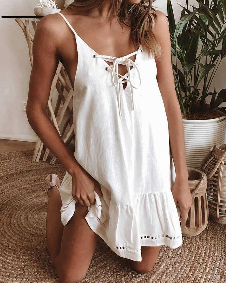 lovwvol Strap Hollow Out Lace-Up Mini Dress