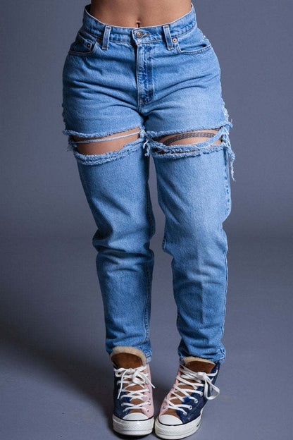 lovwvol  - Blue Casual Solid Ripped High Waist Regular Denim Jeans