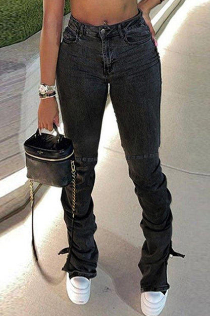 lovwvol  - Dark Gray Fashion Casual Solid Patchwork Slit Fold High Waist Regular Denim Jeans