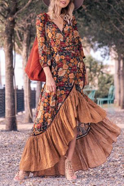 lovwvol Long Sleeve Print Retro Long Maxi Dress