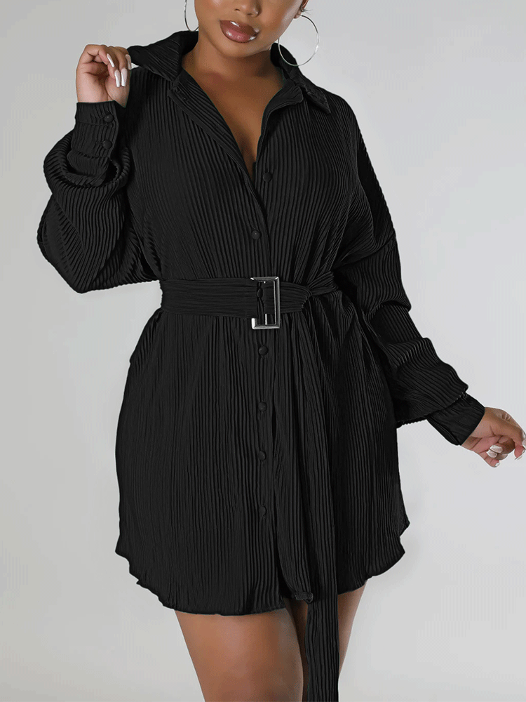 Ruched Long Sleeve Mini Dress With Belt