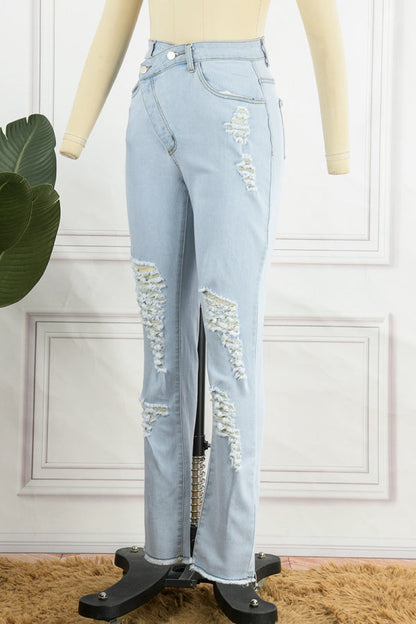 lovwvol  - Blue Casual Solid Ripped Patchwork High Waist Regular Denim Jeans