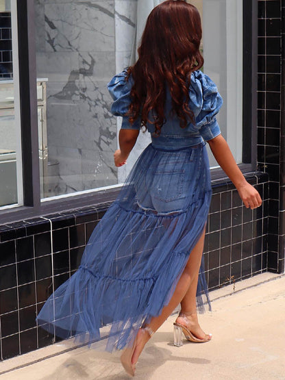 Denim Tulle Patchwork Top