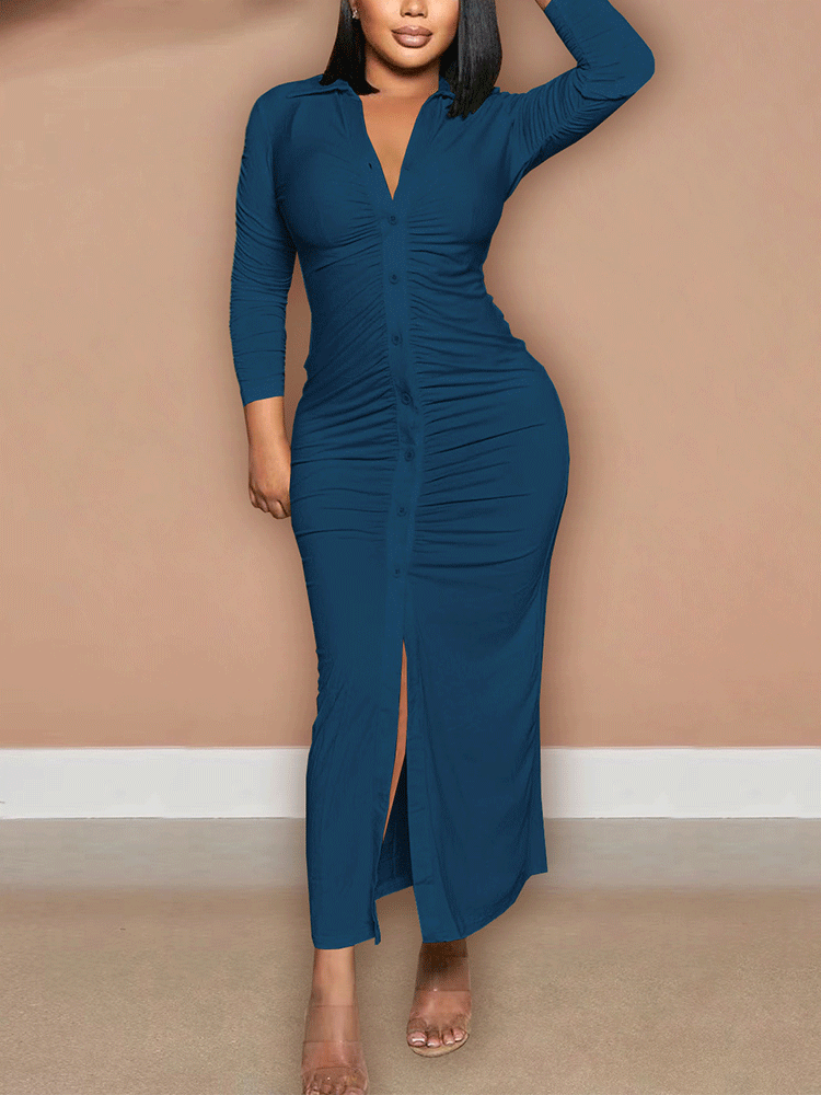 Solid Ruched Button Maxi Dress