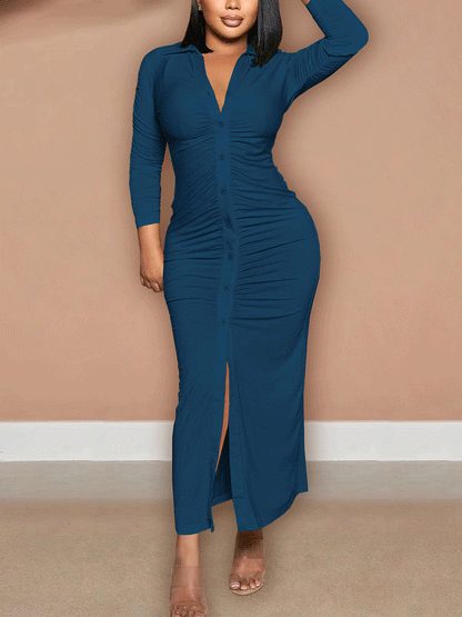 Solid Ruched Button Maxi Dress