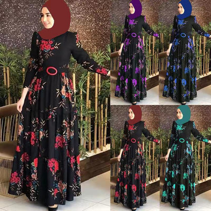 2025spring new printing mid-waist four-color temperament commuting four-sided elastic printing without fleece long dress dress 1148