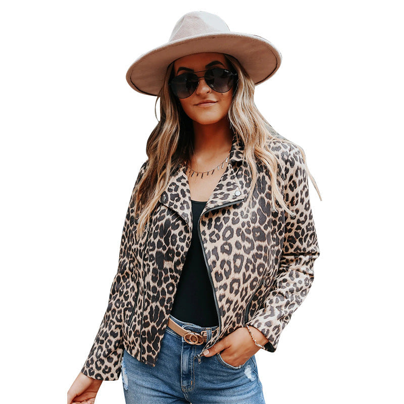 lovwvol moto jacket outfit Oph108 Women's Autumn and Winter Leopard Print Zipper Lapel Fashionable Casual Coat