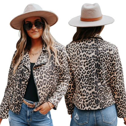 lovwvol moto jacket outfit Oph108 Women's Autumn and Winter Leopard Print Zipper Lapel Fashionable Casual Coat