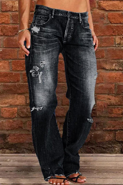 lovwvol  - Blue Casual Solid Ripped Patchwork Mid Waist Regular Denim Jeans