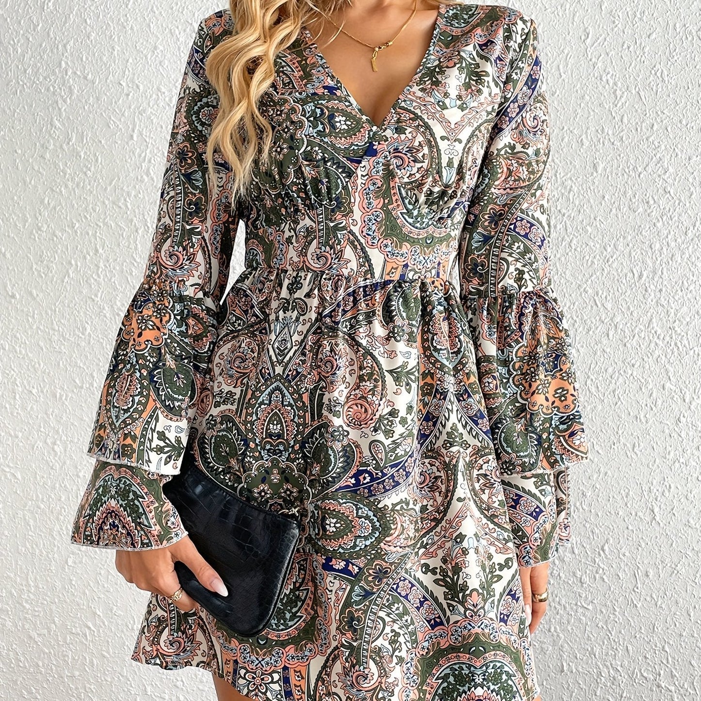 Boho-Inspired All-Season Midi Dress - Unique Floral Paisley, Durable & Easy-Care, Perfect for Every Occasion