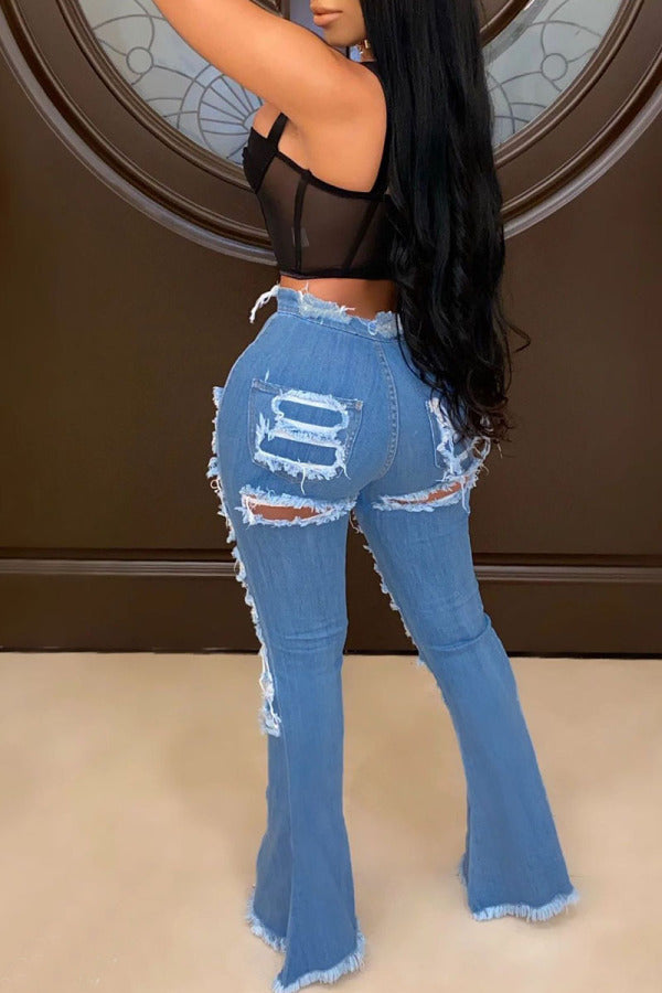 lovwvol  - Baby Blue Fashion Casual Solid Ripped High Waist Regular Denim Jeans