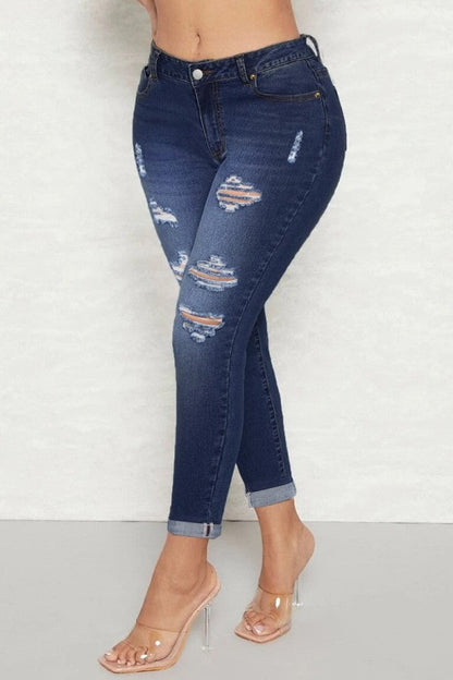 lovwvol  - Deep Blue Casual Solid Ripped High Waist Skinny Denim Jeans