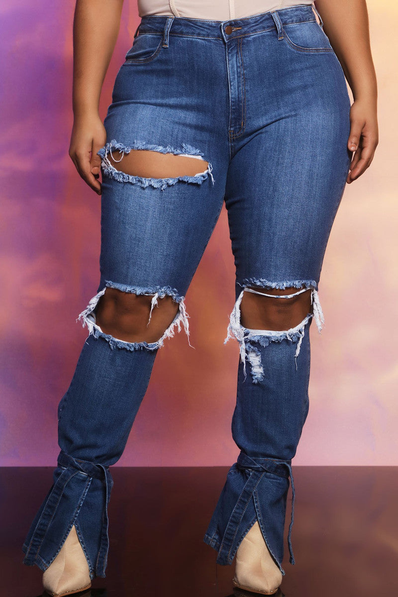 lovwvol  - Blue Fashion Casual Solid Ripped Slit Mid Waist Regular Denim Jeans