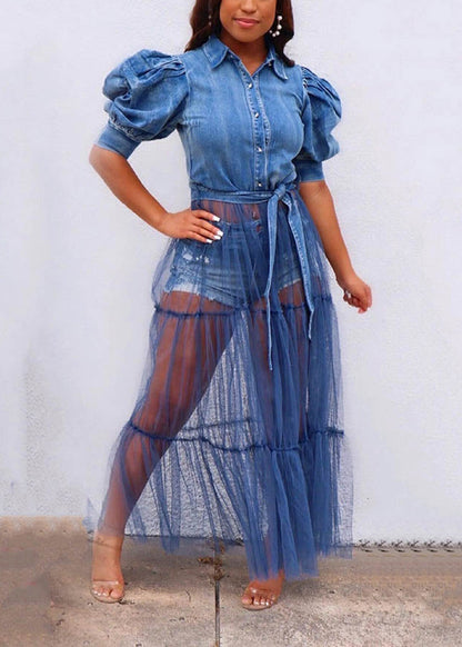 Denim Tulle Patchwork Top