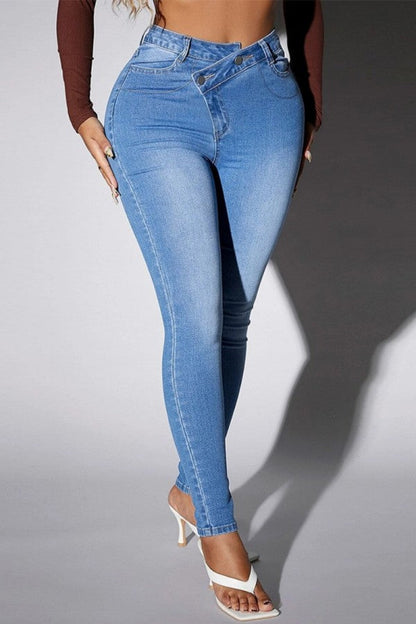 lovwvol  - Deep Blue Casual Solid Patchwork High Waist Skinny Denim Jeans