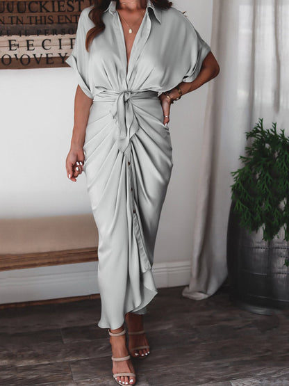 Satin Pleated Bandage Shirt Dress