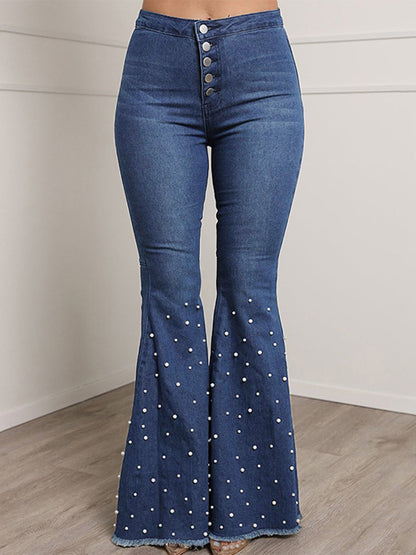 lovwvol  - Blue Casual Buckle Beading Mid Waist Regular Denim Jeans