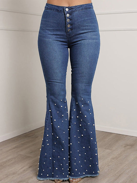 lovwvol  - Blue Casual Buckle Beading Mid Waist Regular Denim Jeans