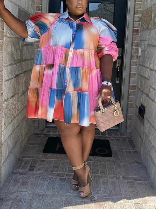 Tie Dye Ruffled Shirt Dress