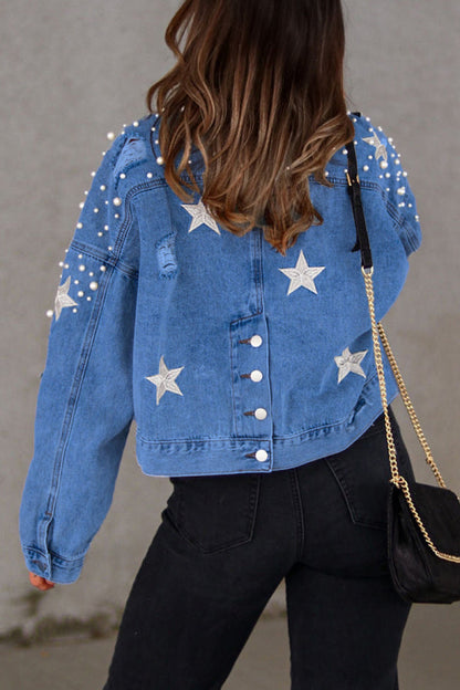 lovwvol  - Light Blue Casual Solid Beading Turndown Collar Long Sleeve Denim Jacket