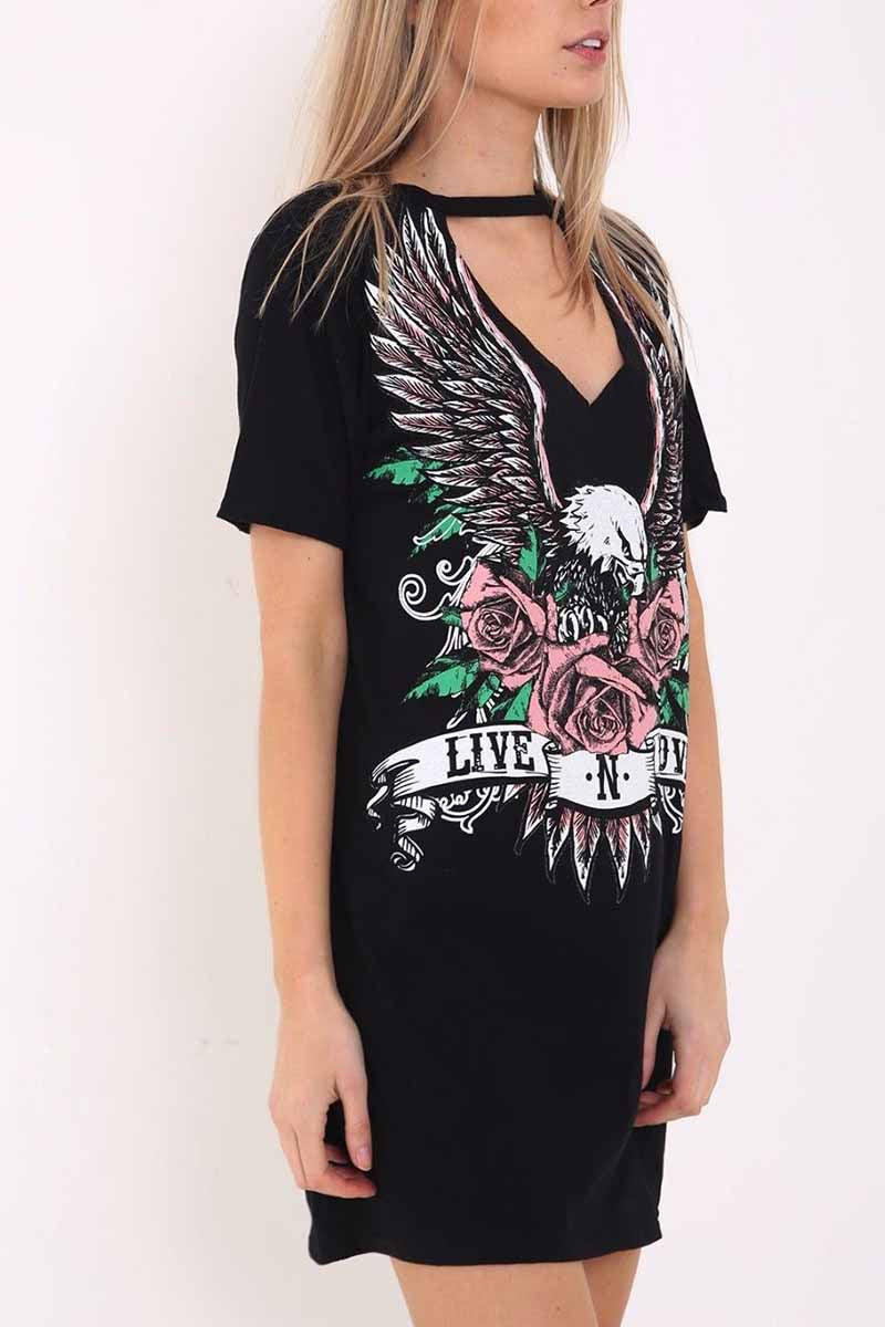 lovwvol Women's Choker Cutout V-Neck Eagle Printed Short Sleeve Mini T-Shirt Dress