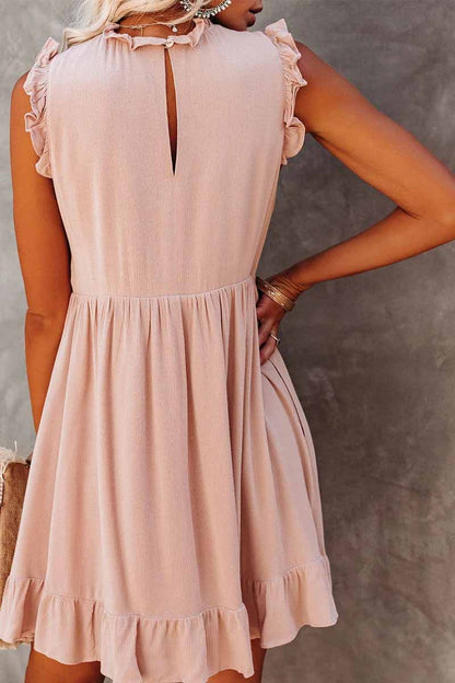 lovwvol Solid Color Ruffled Waist Mini Dress