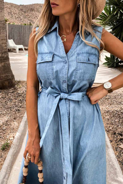 lovwvol Sleeveless Lace-Up Single-Breasted Denim Midi Dress