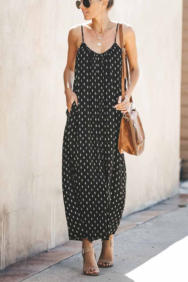 lovwvol Spotted Print Strap Sexy Maxi Dress