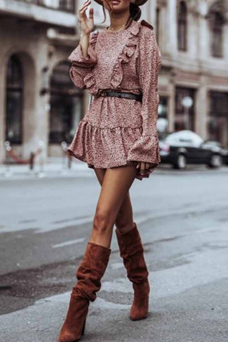 lovwvol Ruffle Print Long Sleeves Mini Dress