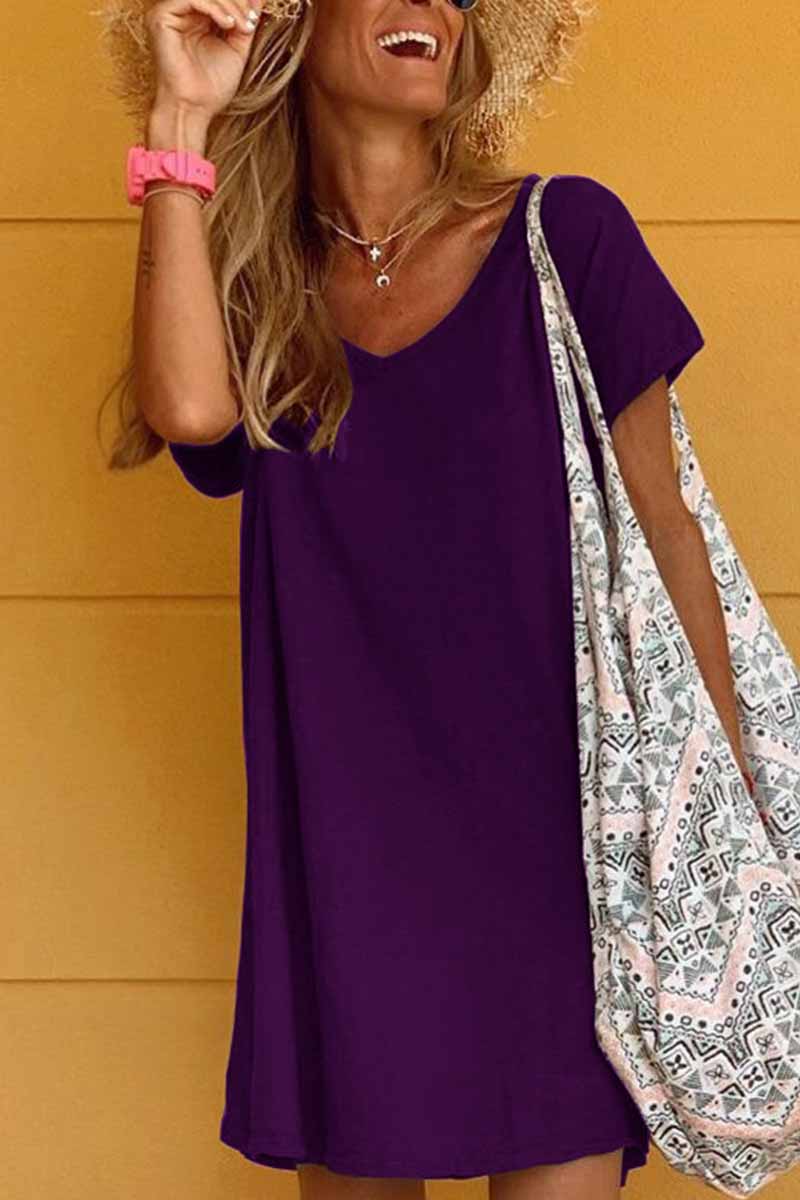 lovwvol Loose Solid Color Short Sleeve V-Neck Mini Dress