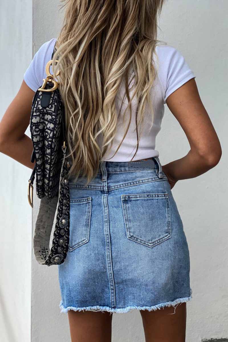 lovwvol Irregular Denim Holes Mini Skirt