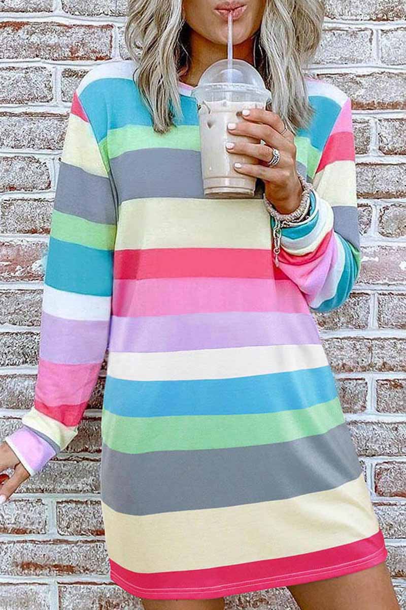 lovwvol Rainbow Long Sleeve Stripes Mini Dresses