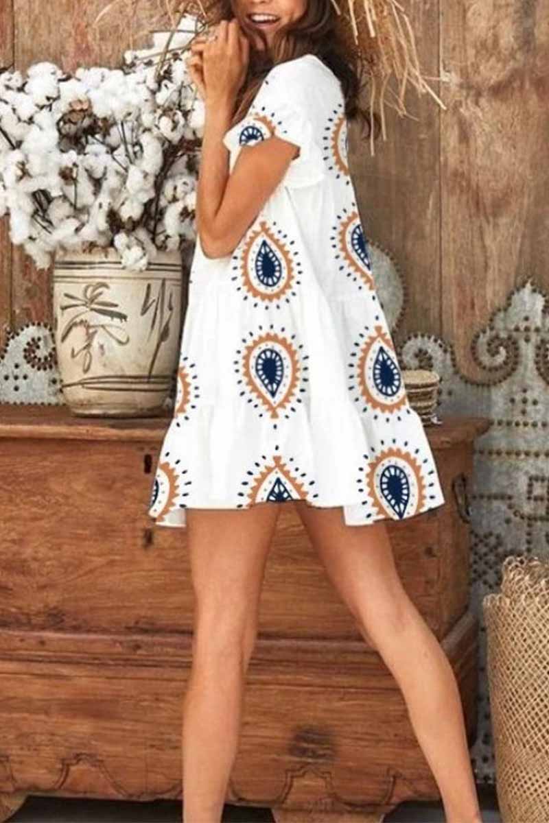 lovwvol Round Neck Print Water Drop Mini Dress