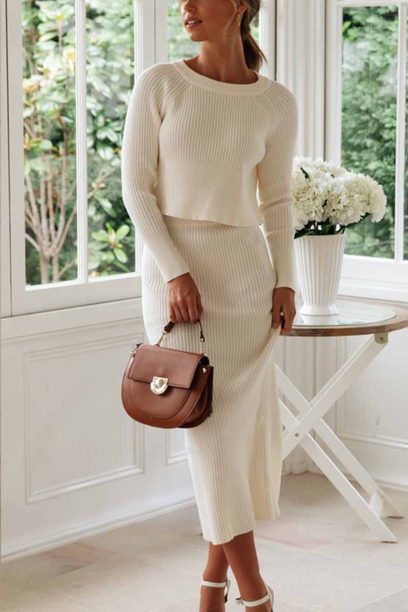 lovwvol Knitted Solid Color Sweater Skirt Suit