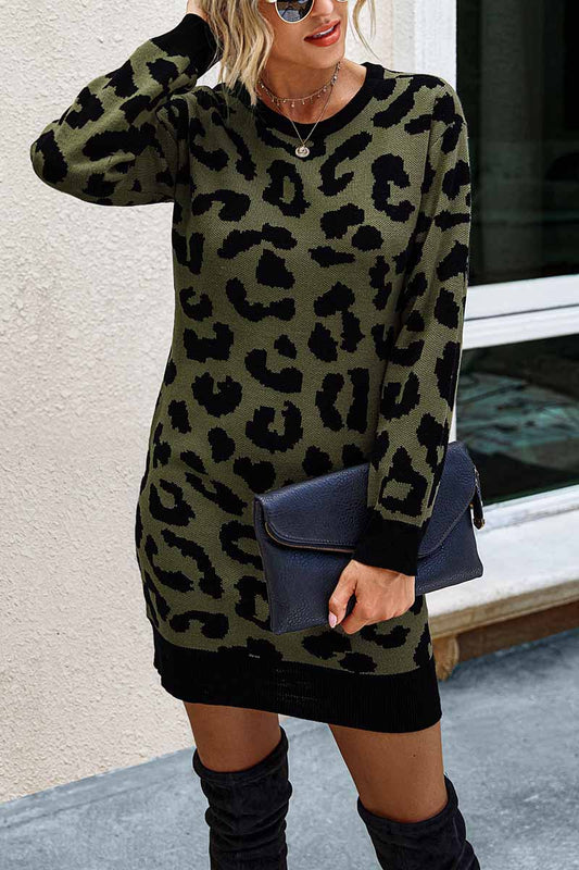 lovwvol Leopard Print Oneck Mini Dress