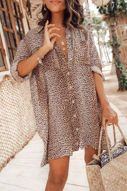 lovwvol Leopard Print Long Sleeve Shirt Mini Dress