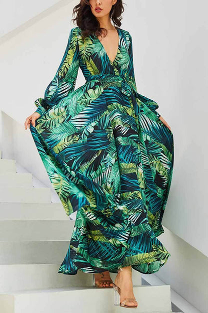 lovwvol V-Neck Leaf Print Maxi Dress