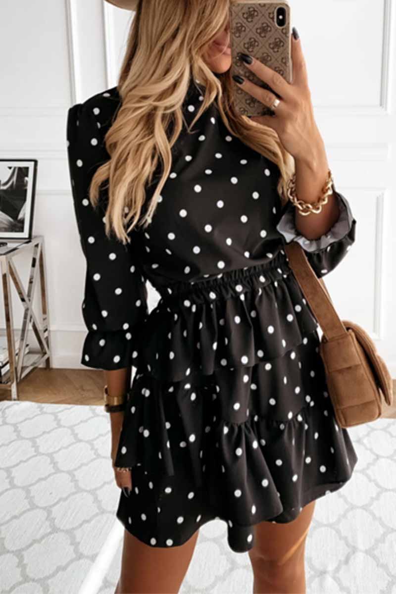 lovwvol Thin Irregular Lotus Leaf Dot Printing Mini Dress