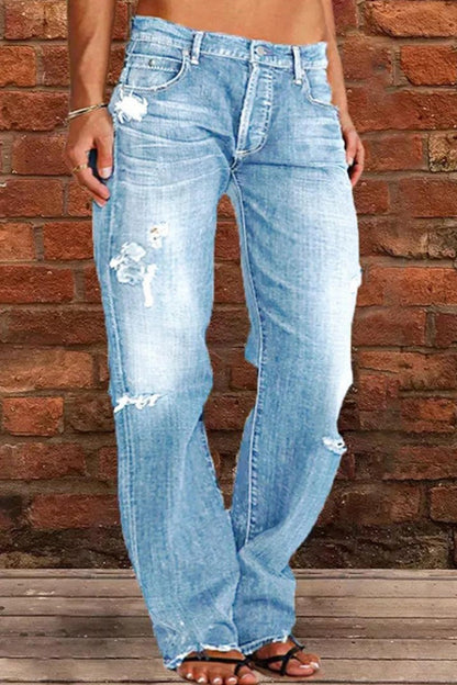 lovwvol  - Blue Casual Solid Ripped Patchwork Mid Waist Regular Denim Jeans