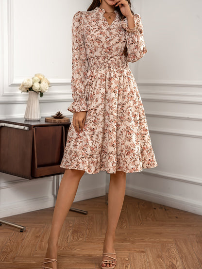 Elegant Women's Floral Print C Neck Long Sleeve Shirred Waist Dress for Everyday Wear